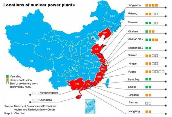 Bản đồ với các nhà máy điện hạt nhân của Trung Quốc đang hoạt động (màu xanh), đang xây dựng (màu hồng) và trong quá trình xem xét cho phép xây dựng (màu trắng). Nguồn: Bộ Bảo vệ Môi trường + Trung tâm An toàn Hạt nhân và Phóng xạ TQ.