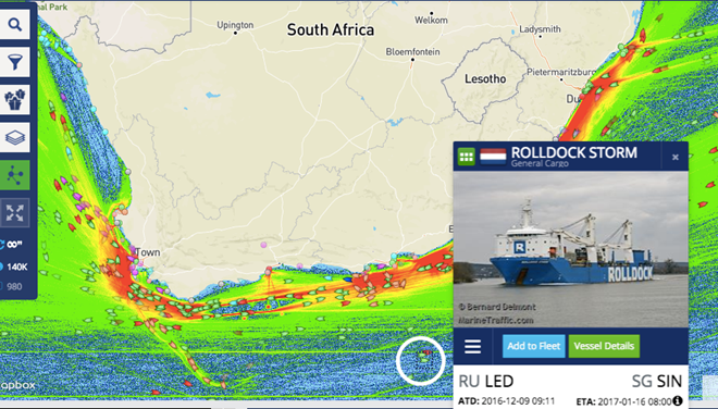 Vị trí tàu Rolldock Storm ở ngoài khơi Nam Phi vào sáng 2/1 (giờ Hà Nội). Ảnh chụp màn hình.